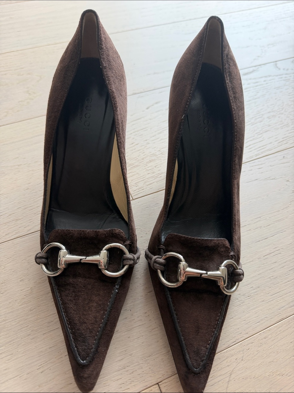 Gucci Dark Brown Suede Pointed-Toe Pumps with Silver Horsebit